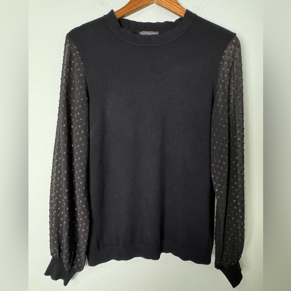 Adrianna‎ Papell Black Sweater with Sheer Sleeves w/Metalic Gold Detail Size Med